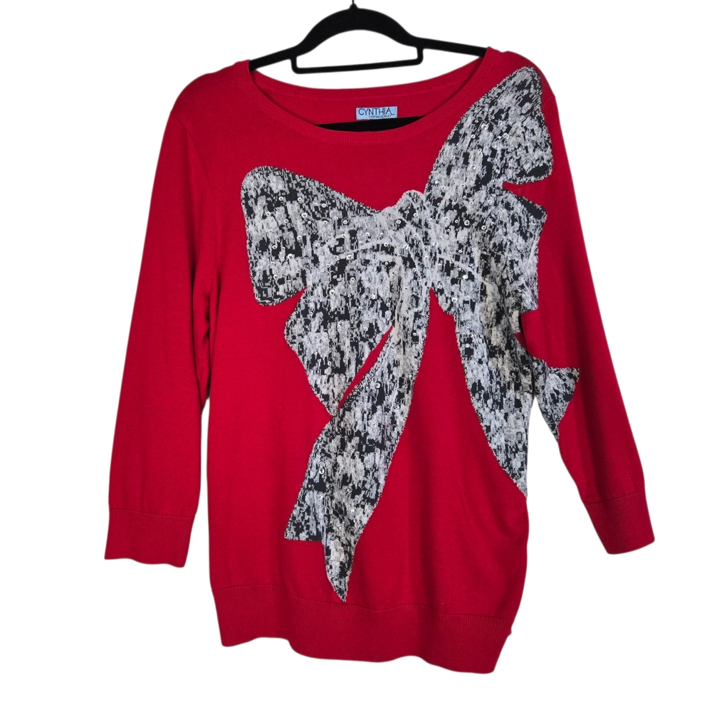 Cynthia Rowley Size XL Red, 3/4 Sl Holiday BOW Sweater, Sequin Details